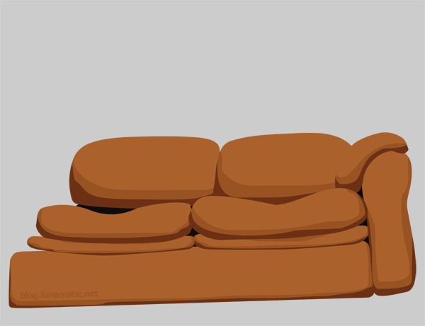 saggy old couch was once orange, but is now more of a dingy brown