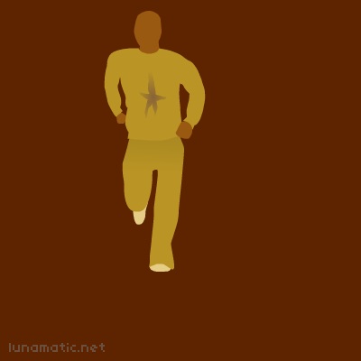 Man running in a yellow tracksuit, his sweat patches show up in a star pattern