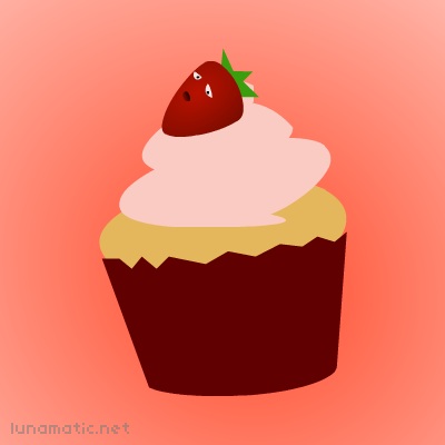 a cupcake with pale pink icing, and a strawberry on top