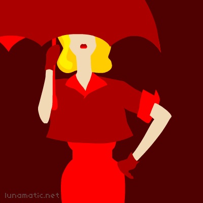 The scarlet outfit and umbrella contrast with the wearers yellow hair
