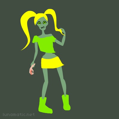 She’s the cutest zombie you ever did see, twirling her blonde pony tail around her boney claws.