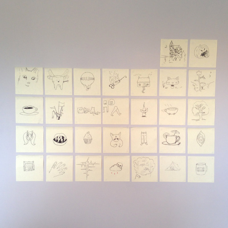 Thirty ink drawings on yellow sticky notes